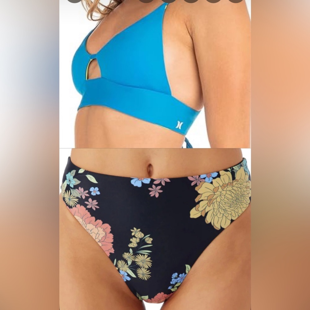 NWT Hurley Blue/Pink Reversible Bikini Top with Black Floral High-Waist Bottom